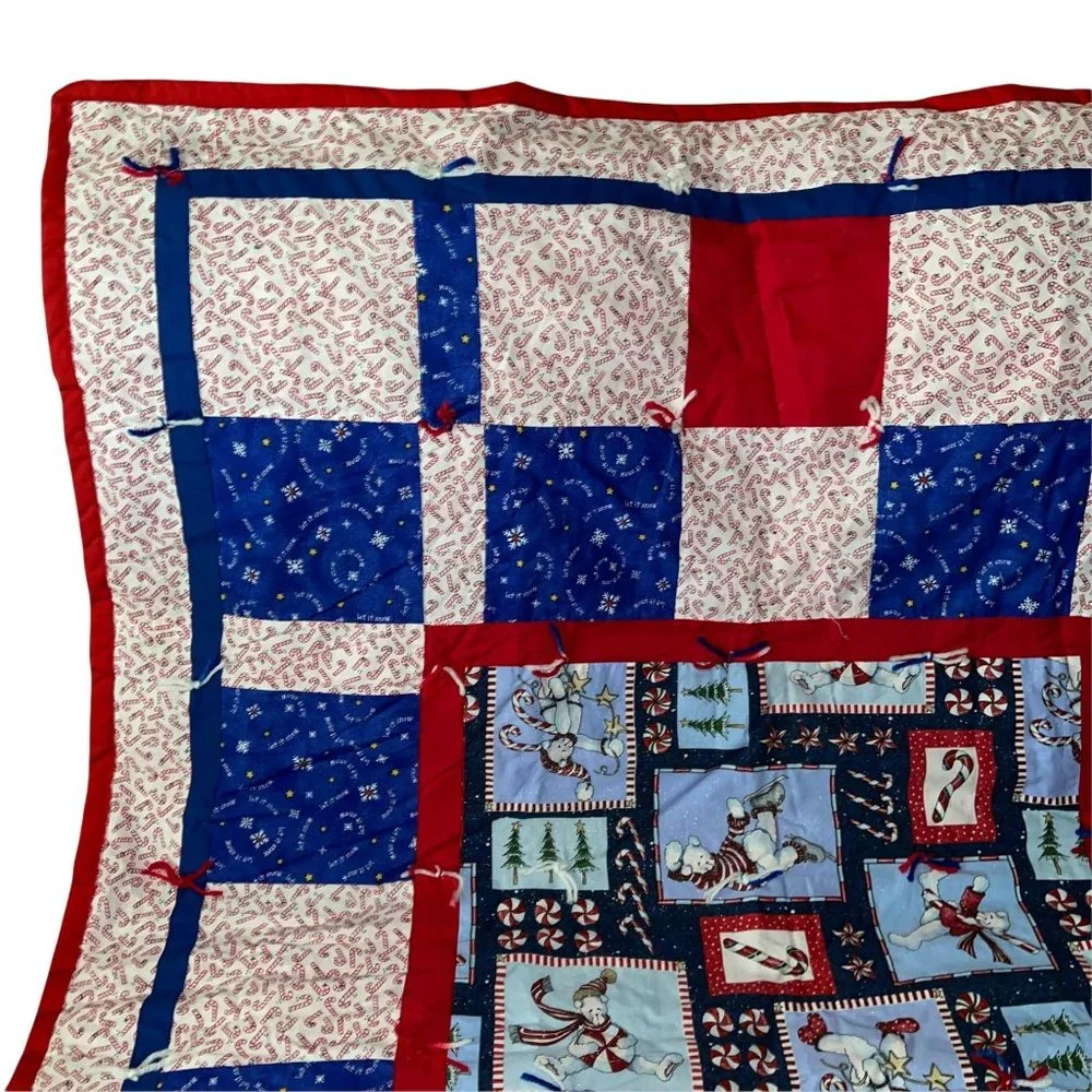 Vintage Handmade Hand Crafted Granny Square Quilt Christmas Holiday 57 X 44